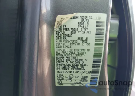 2003 Nissan Frontier Xe-V6 from USA, damaged, VIN 1N6ED27T03C452410